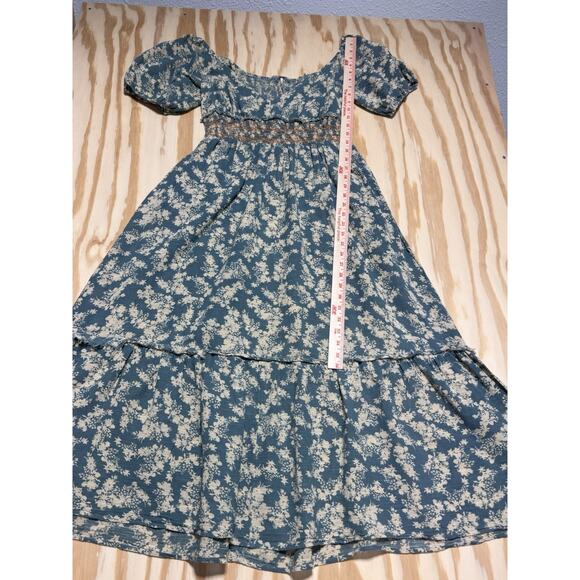 Free People Blue Cream Floral Smocked Puff Sleeve Midi Dress Women’s Medium Boho - Picture 9 of 13
